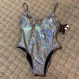 No Boundaries Silver Holographic Dot One Piece Cheeky Swim Suit Size Small 3-5